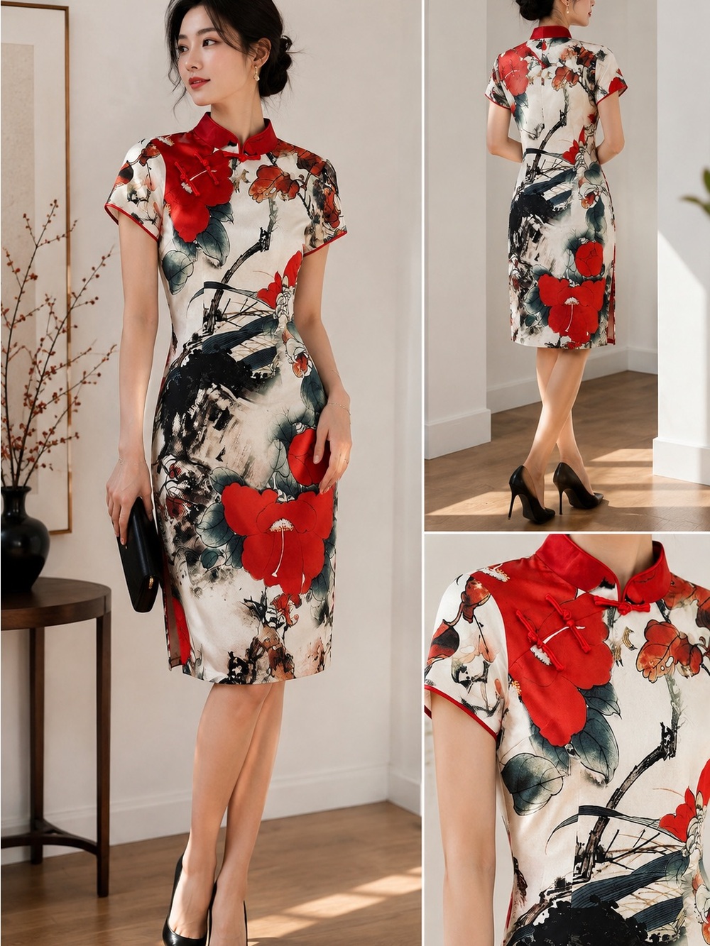 NWT Chinese Qipao Cheongsam Floral Midi Dress Red Mandarin Collar M